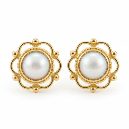 Gold frill and bead round stud earrings with white opal memorial resin