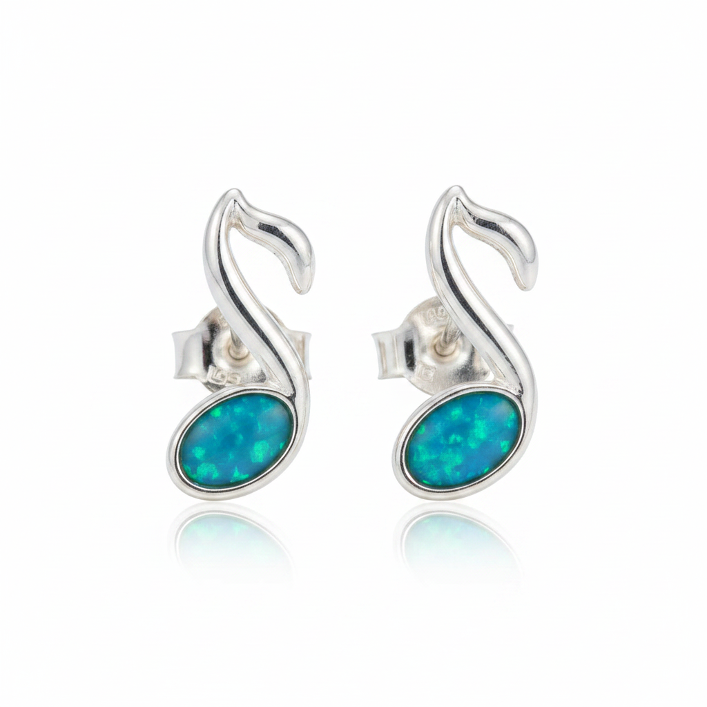 Silver 925 music note memorial stud earrings — blue teal opal flakes resin in 6x4mm oval setting