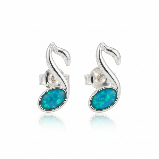 Silver 925 music note memorial stud earrings — blue teal opal flakes resin in 6x4mm oval setting