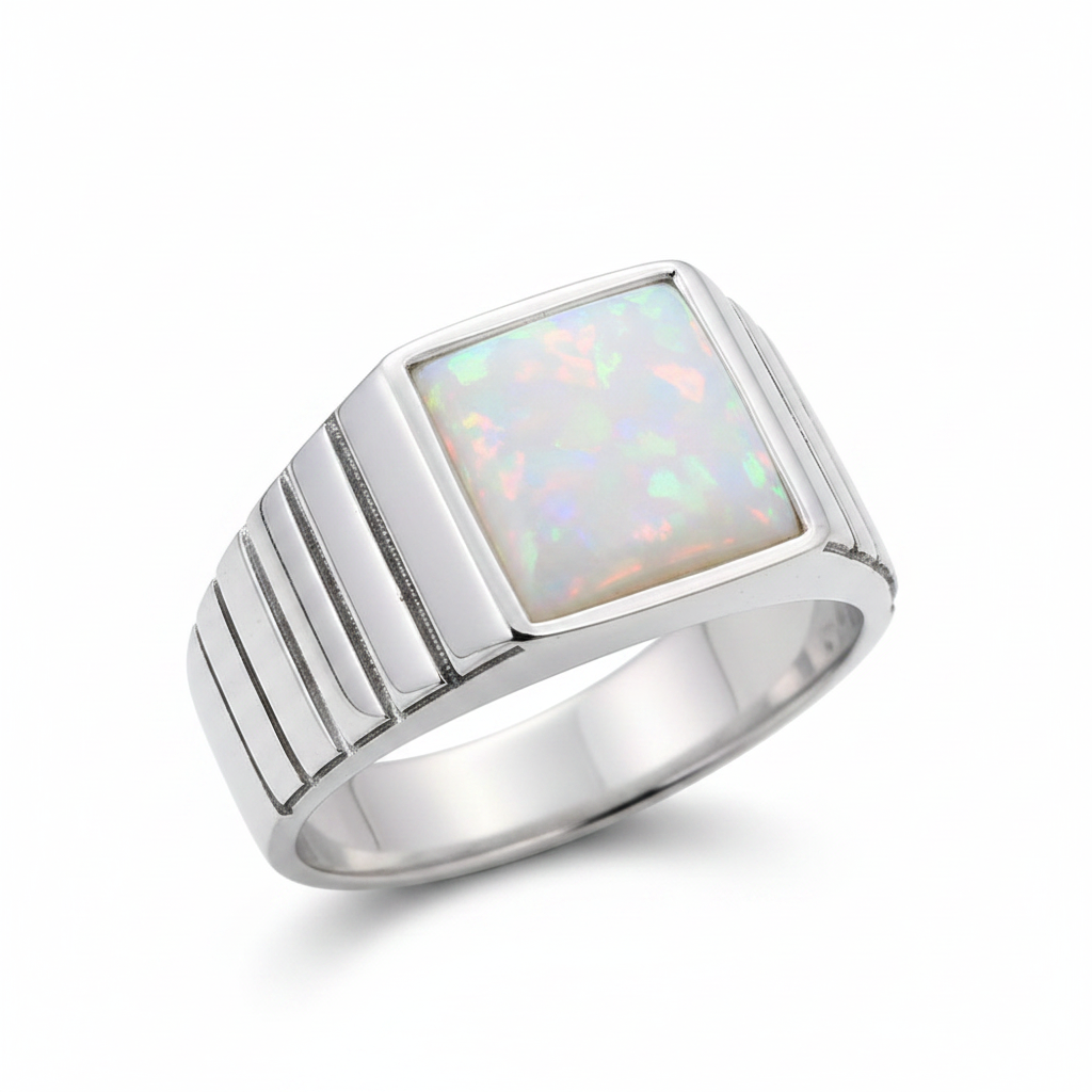 Gents Square Line 925 Silver Signet Ring with white pearl opal resin — bright polished silver, white background