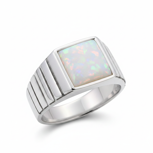 Gents Square Line 925 Silver Signet Ring with white pearl opal resin — bright polished silver, white background