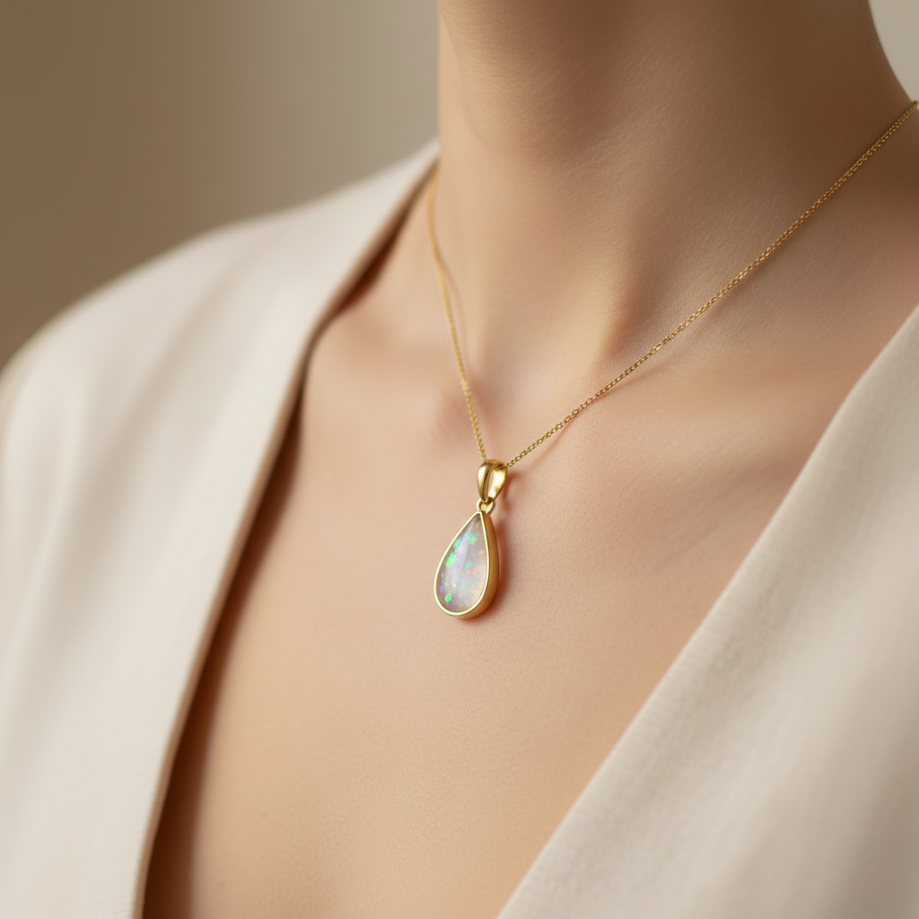 Model wearing gold teardrop memorial pendant with opal flakes and white mica