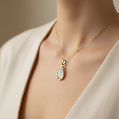 Model wearing gold teardrop memorial pendant with opal flakes and white mica
