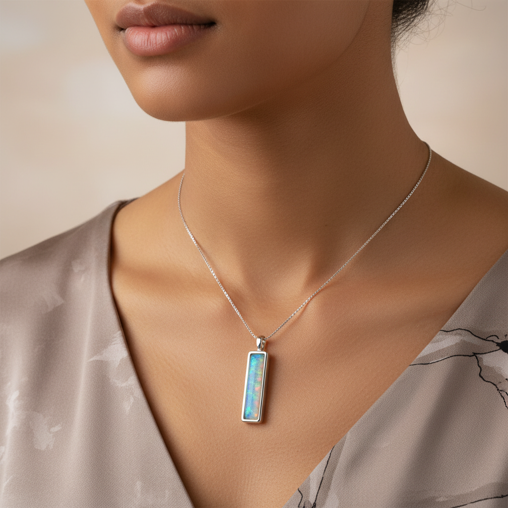 Silver 925 rectangular bar memorial pendant worn on model — true scale lifestyle shot