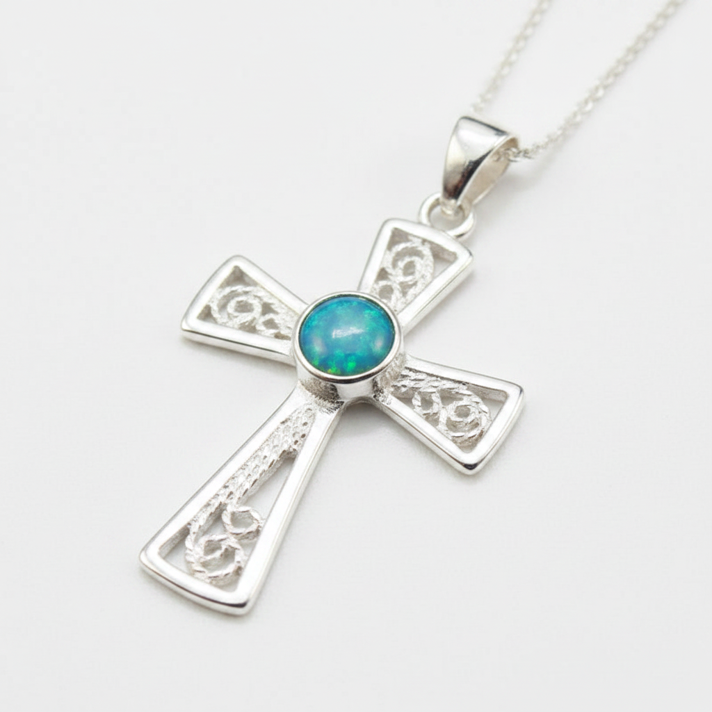 Silver 925 filigree cross memorial pendant — blue teal opal flakes resin in 4mm round centre setting