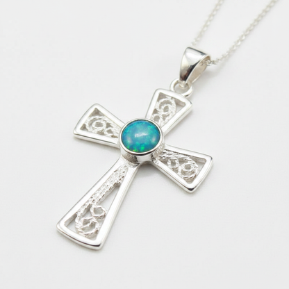 Silver 925 filigree cross memorial pendant — blue teal opal flakes resin in 4mm round centre setting