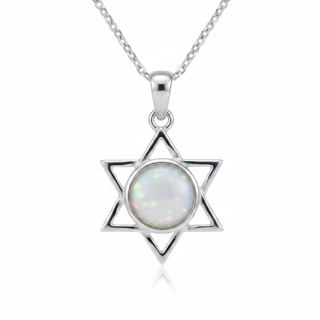 Silver 925 six-pointed star memorial pendant — white pearl opal flakes resin in 6mm round centre setting