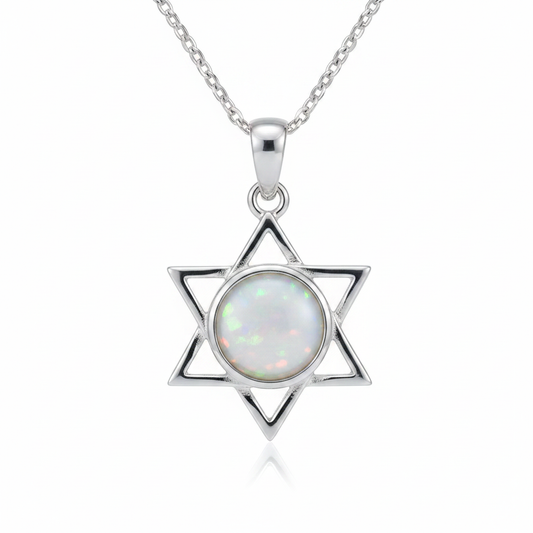 Silver 925 six-pointed star memorial pendant — white pearl opal flakes resin in 6mm round centre setting
