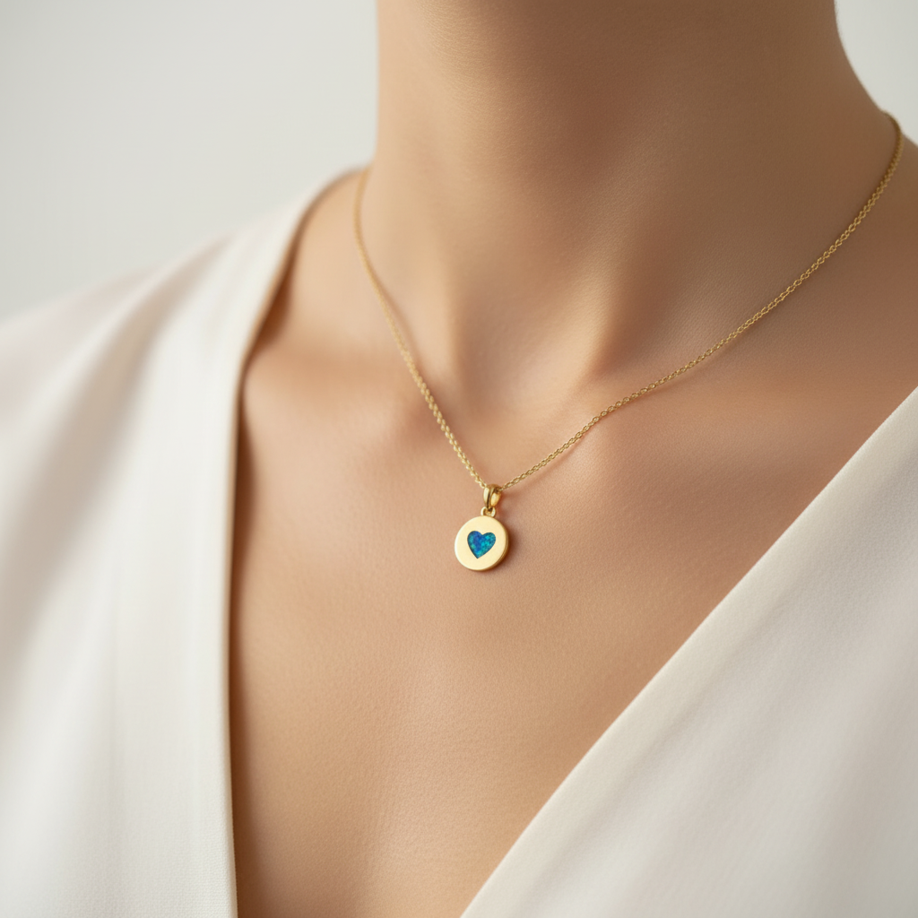 Model wearing 9ct gold heart disc memorial pendant showing true tiny scale on collarbone