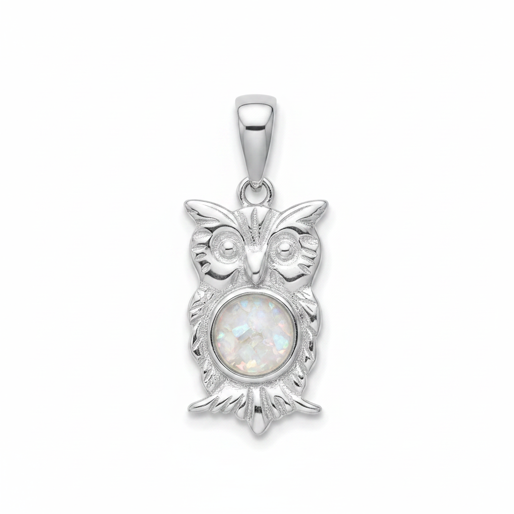 Silver 925 owl memorial pendant with white opal and mica, white background