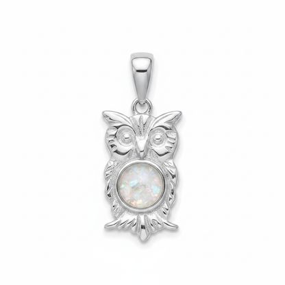 Silver 925 owl memorial pendant with white opal and mica, white background