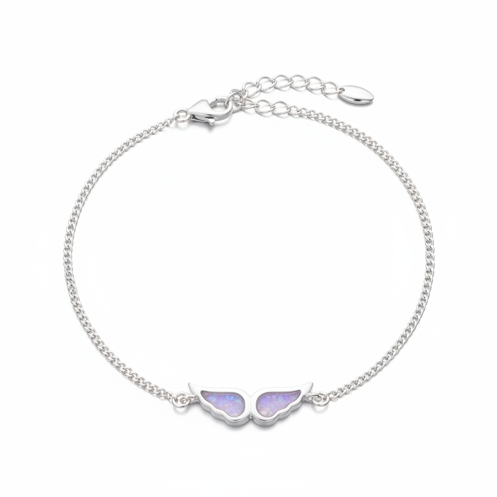 925 sterling silver angel wing memorial bracelet with lavender purple opal resin in wing bezels on white background