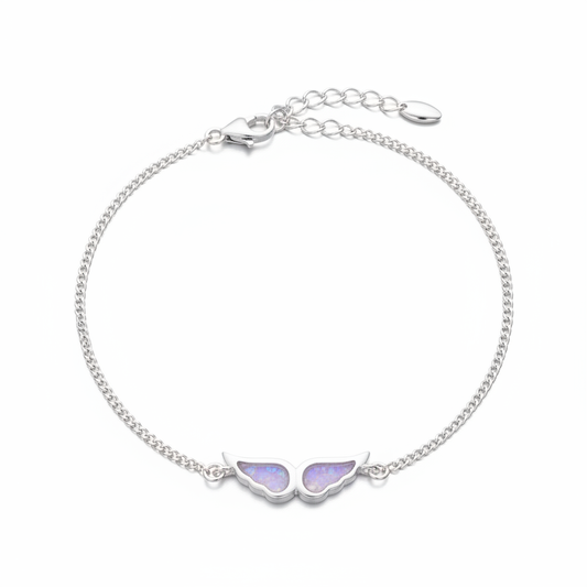 925 sterling silver angel wing memorial bracelet with lavender purple opal resin in wing bezels on white background