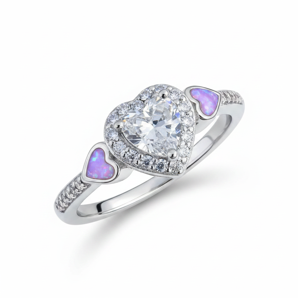 Silver 925 CZ heart cluster ring with lavender purple opal resin in shoulder heart accents on white background