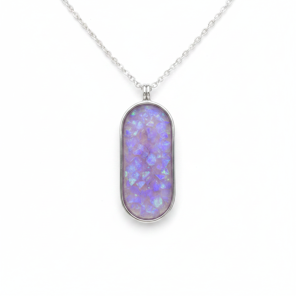 925 sterling silver oval dog tag memorial pendant necklace with lavender purple opal resin on white background