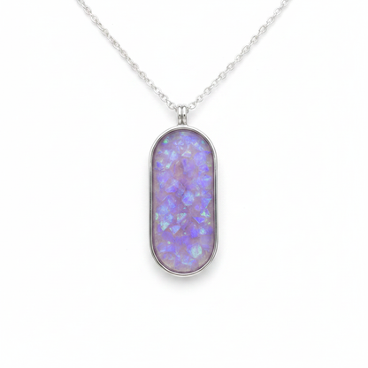 925 sterling silver oval dog tag memorial pendant necklace with lavender purple opal resin on white background
