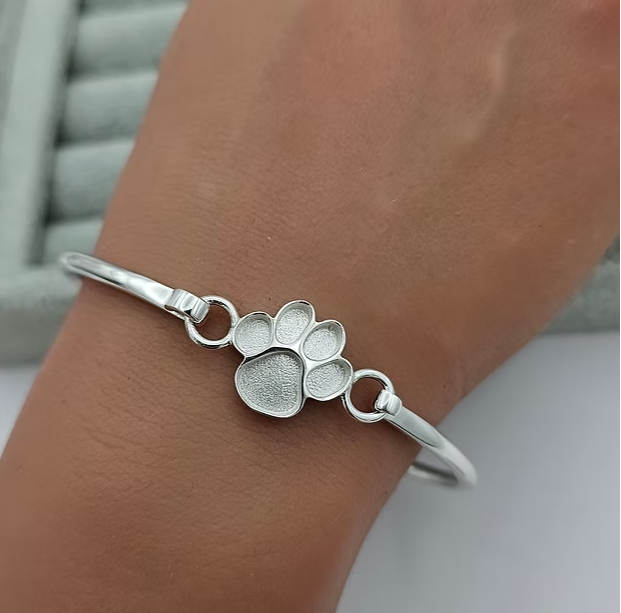 Paw Print Hook Clasp 925 Silver Bangle | Ashes, Hair & Fur Memorial Keepsake