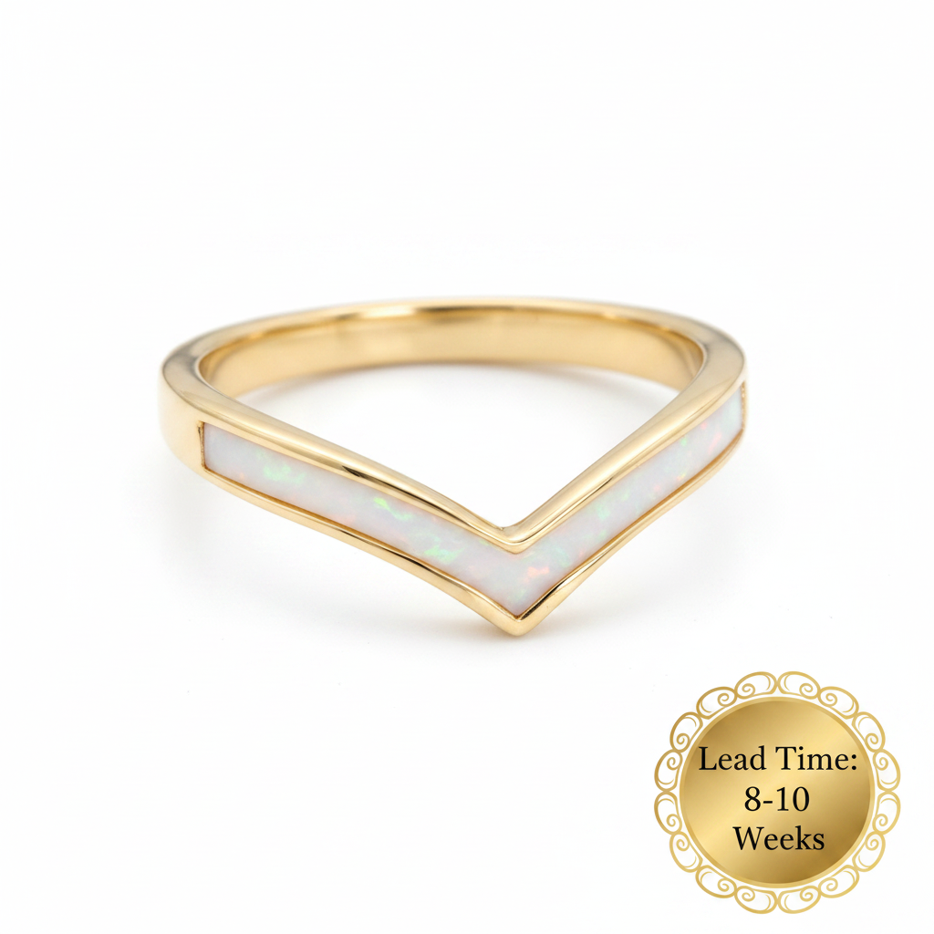 9ct gold plain wishbone ring with white pearl opal resin channel, white background, lead time 8-10 weeks sticker