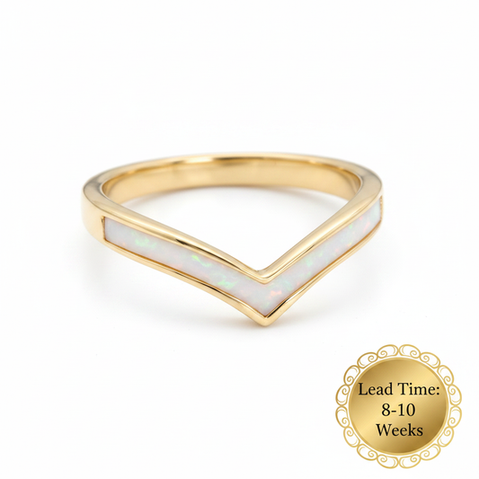 9ct gold plain wishbone ring with white pearl opal resin channel, white background, lead time 8-10 weeks sticker