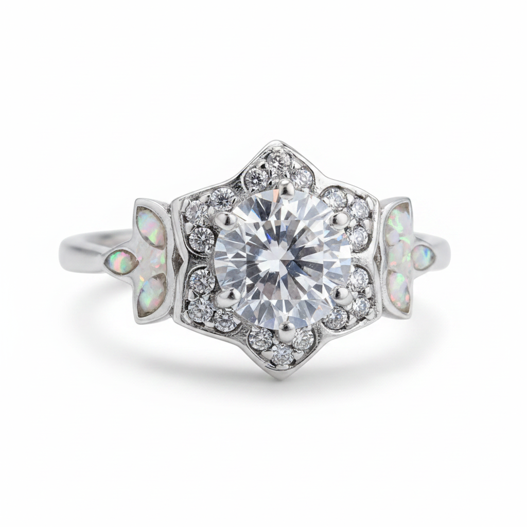 Vintage floral 925 silver CZ ring with white pearl opal resin in marquise butterfly wing settings on white background