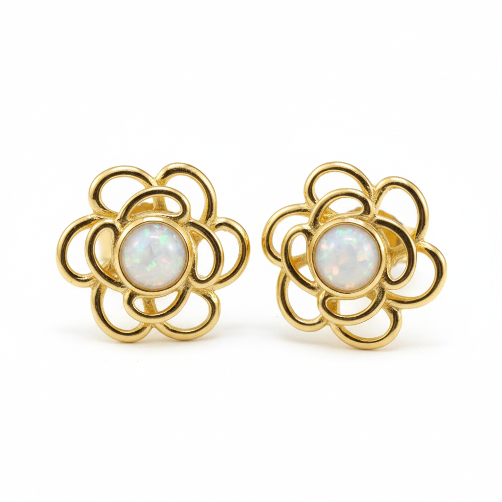 Gold open rose flower stud earrings with white opal memorial resin