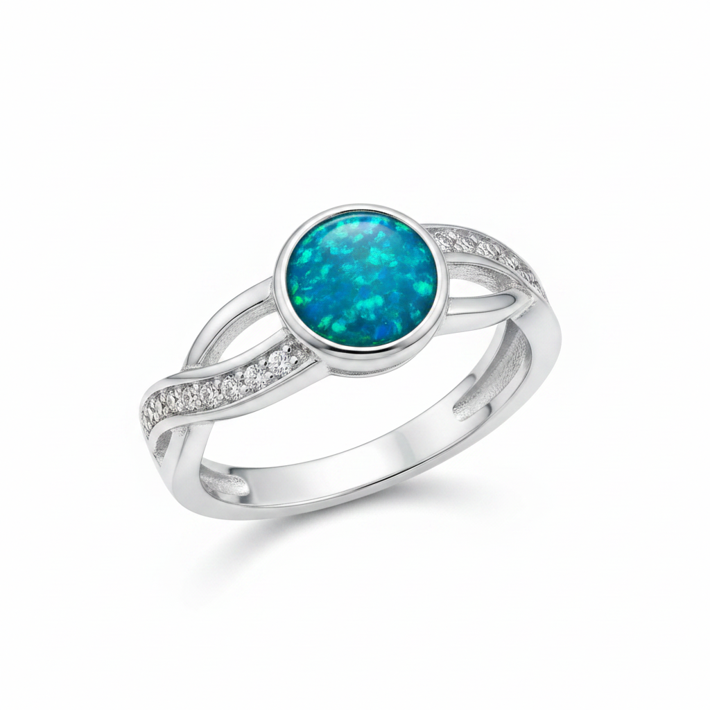 Silver 925 entwined CZ band memorial ring — blue teal opal flakes resin in 6mm round centre setting