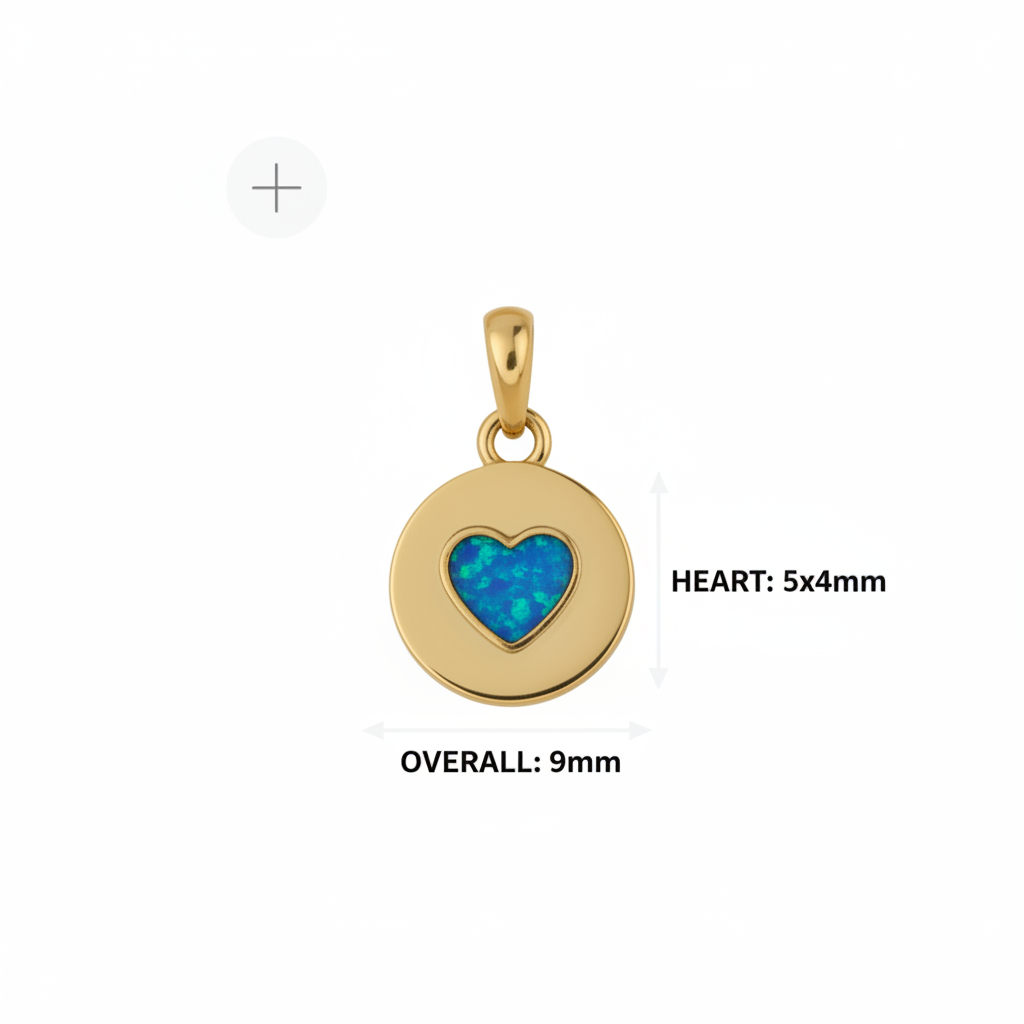 9ct gold heart disc memorial pendant size guide showing 9mm overall and 5x4mm open heart cut-out