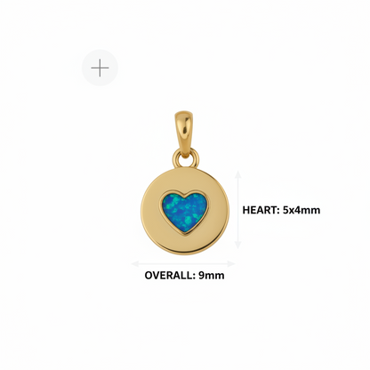 9ct gold heart disc memorial pendant size guide showing 9mm overall and 5x4mm open heart cut-out