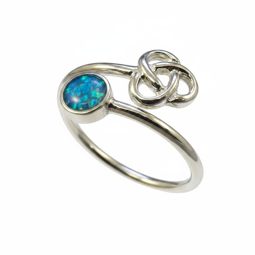 Silver 925 Celtic knot memorial ring — blue teal opal flakes resin in 4mm round setting