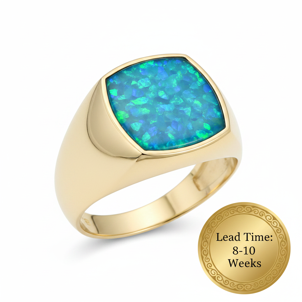 9ct gold unisex square signet ring with blue teal opal resin, lead time 8-10 weeks sticker