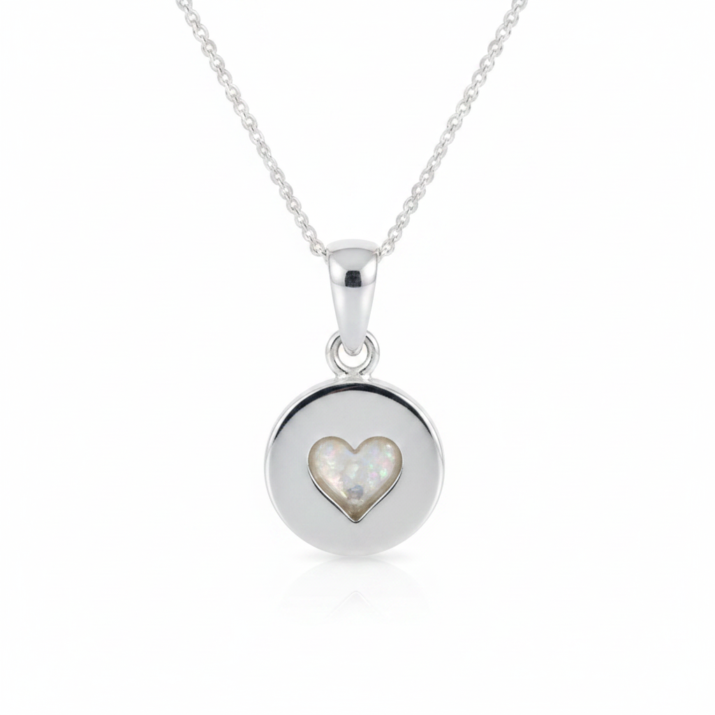 Silver 925 heart disc memorial pendant with white opal and mica resin on chain, white background