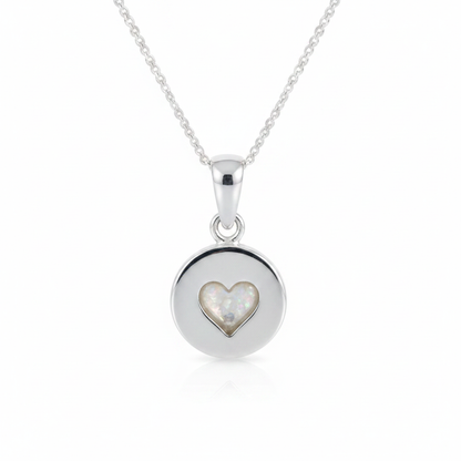 Silver 925 heart disc memorial pendant with white opal and mica resin on chain, white background