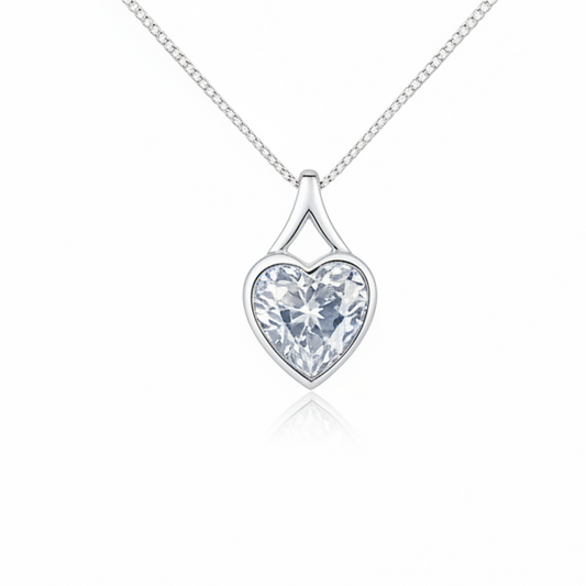 Heart CZ silver pendant front view on white background showing sparkling CZ heart stone