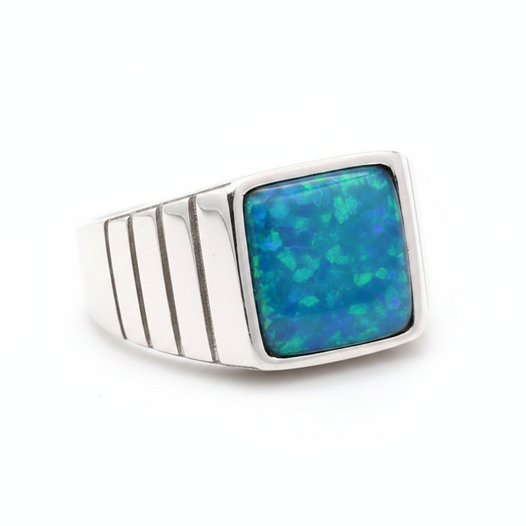 Gents Square Line 925 Silver Signet Ring with blue teal opal resin — bright polished silver, white background