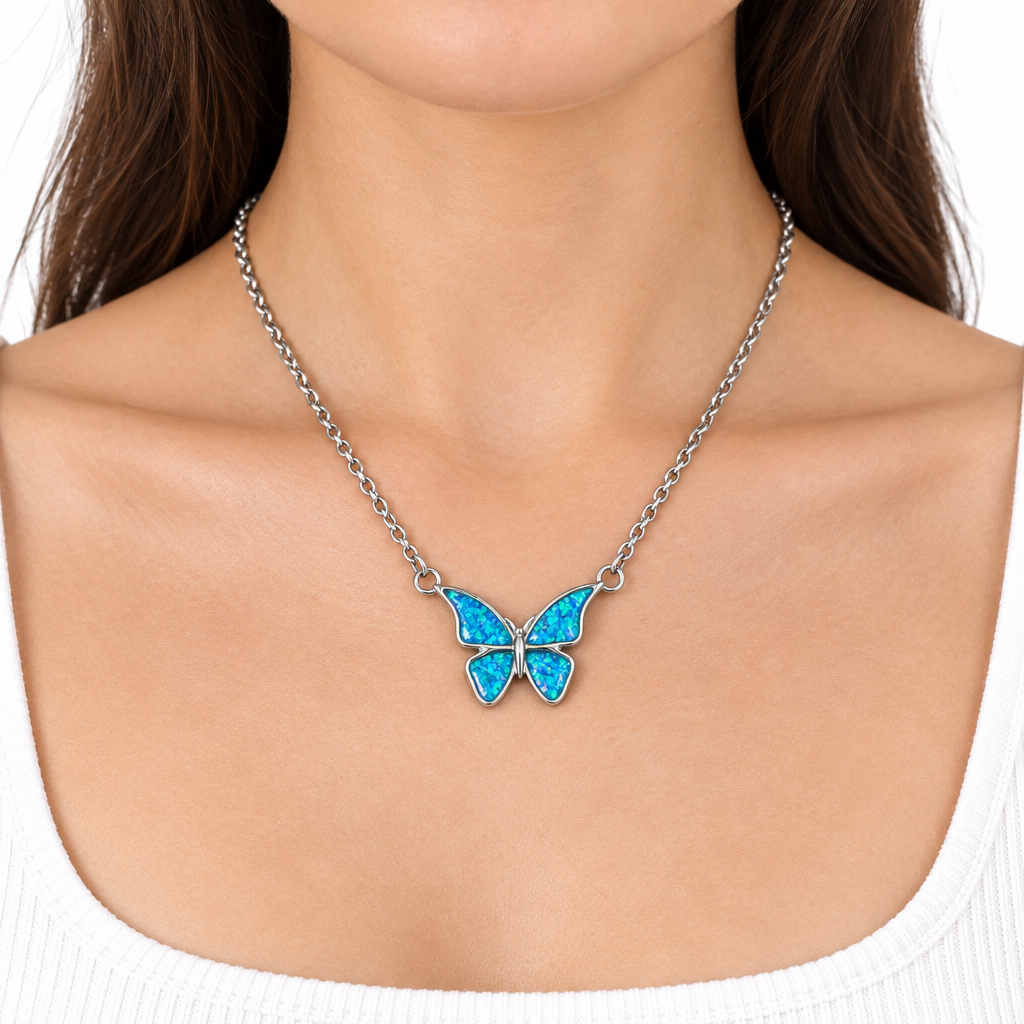 Model wearing the butterfly memorial necklace