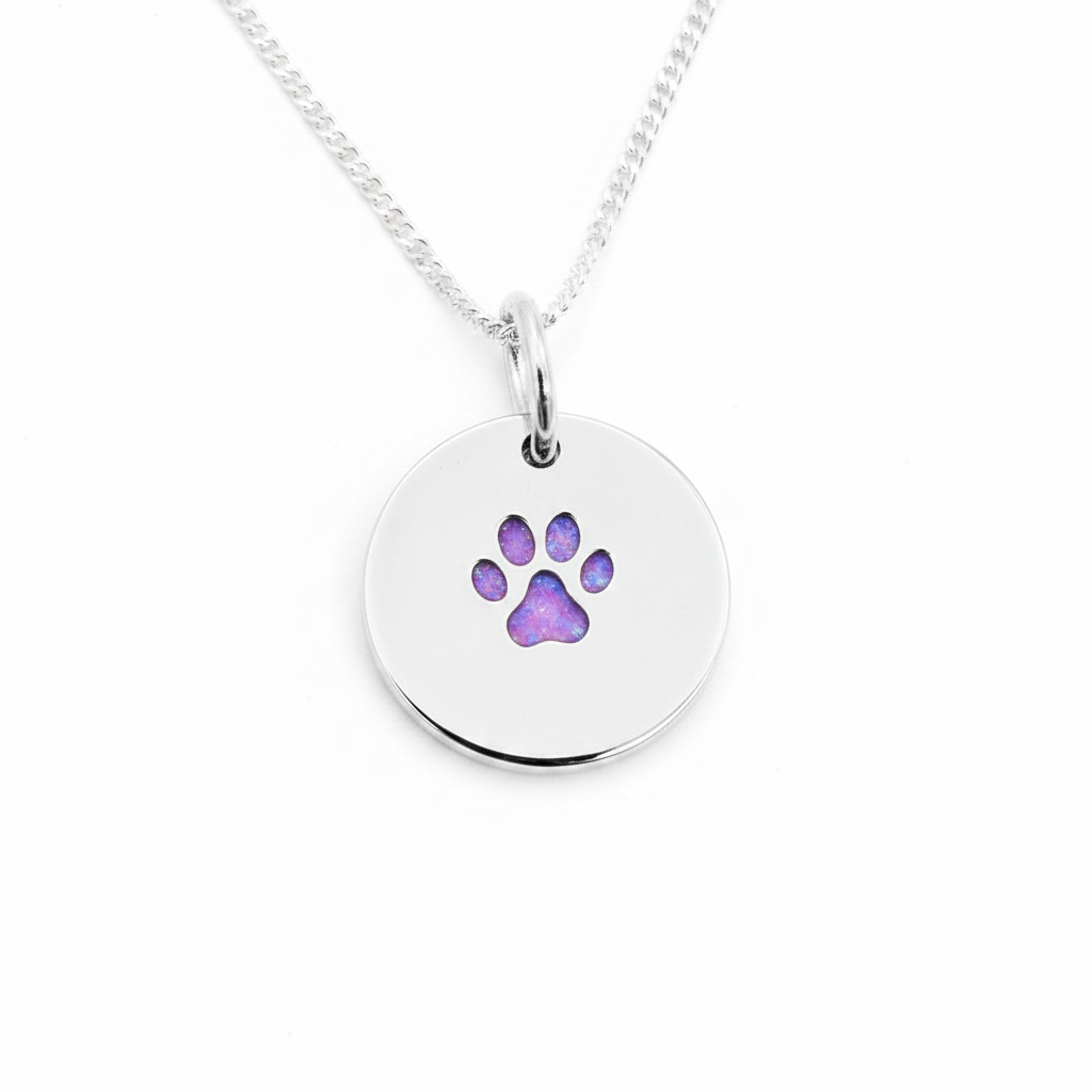 Round paw print 925 silver disc pendant with lavender purple opal resin fill, white background