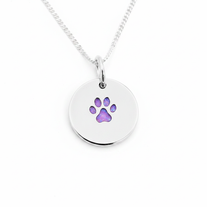 Round paw print 925 silver disc pendant with lavender purple opal resin fill, white background