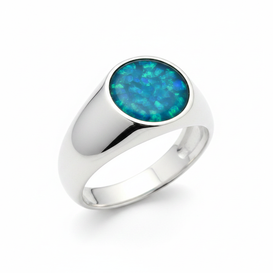 Silver 925 gents signet memorial ring — blue teal opal flakes resin in 10mm round setting, chunky wide domed signet band