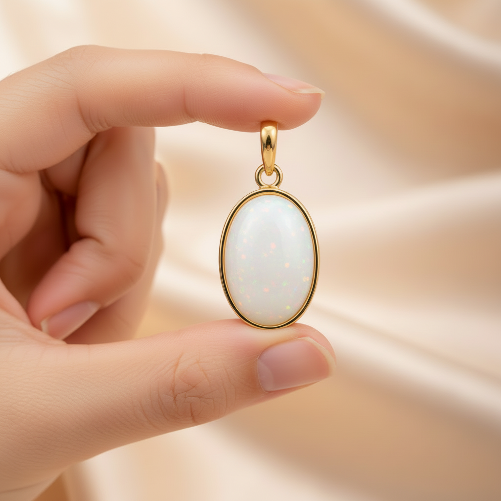 Hand holding gold oval memorial pendant showing true scale