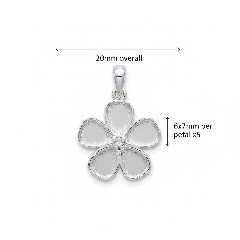 Silver 925 forget-me-not flower memorial pendant dimensions — 20mm overall, 6x7mm per petal x5