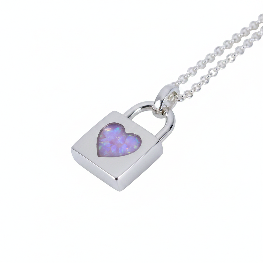 Heart Padlock Pendant Necklace 925 Sterling Silver with lavender purple opal flake inclusion