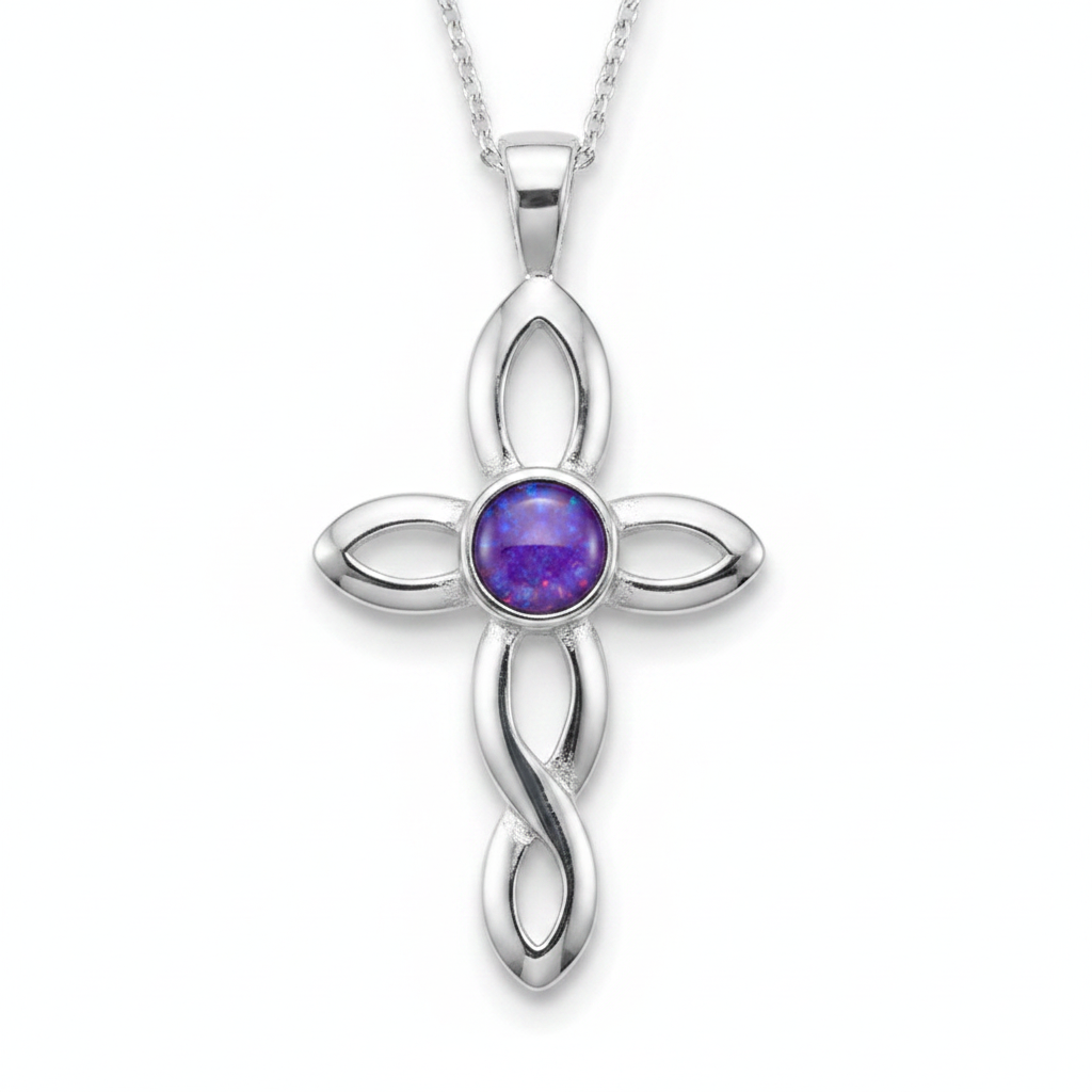 Silver 925 twisted cross memorial pendant — lavender purple opal flakes resin in 4mm round centre setting