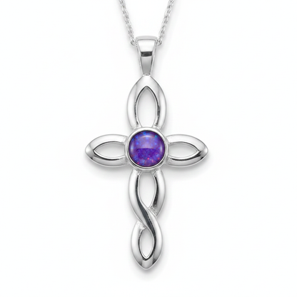 Silver 925 twisted cross memorial pendant — lavender purple opal flakes resin in 4mm round centre setting