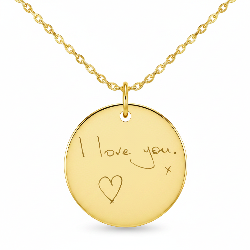 Gold filled round disc pendant necklace with laser engraved handwriting I love you x hanging on gold chain — Lovely Oxford