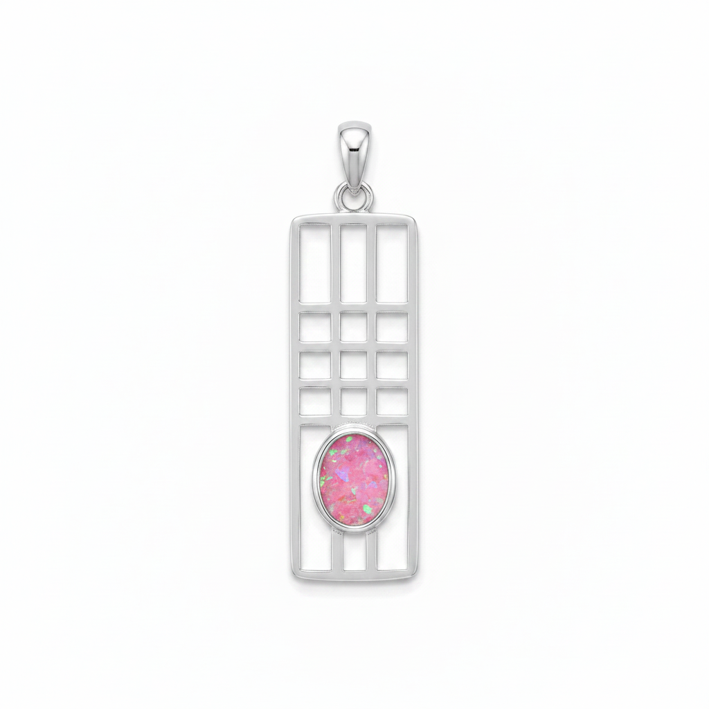 Silver 925 Mackintosh grid memorial pendant with pink opal flakes, white background