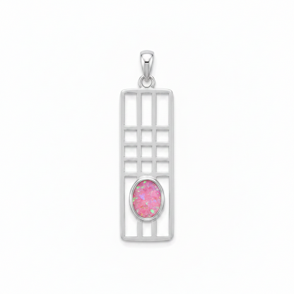 Silver 925 Mackintosh grid memorial pendant with pink opal flakes, white background