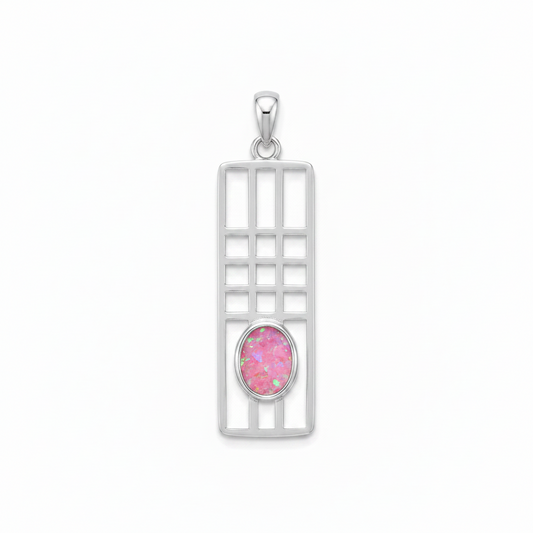 Silver 925 Mackintosh grid memorial pendant with pink opal flakes, white background