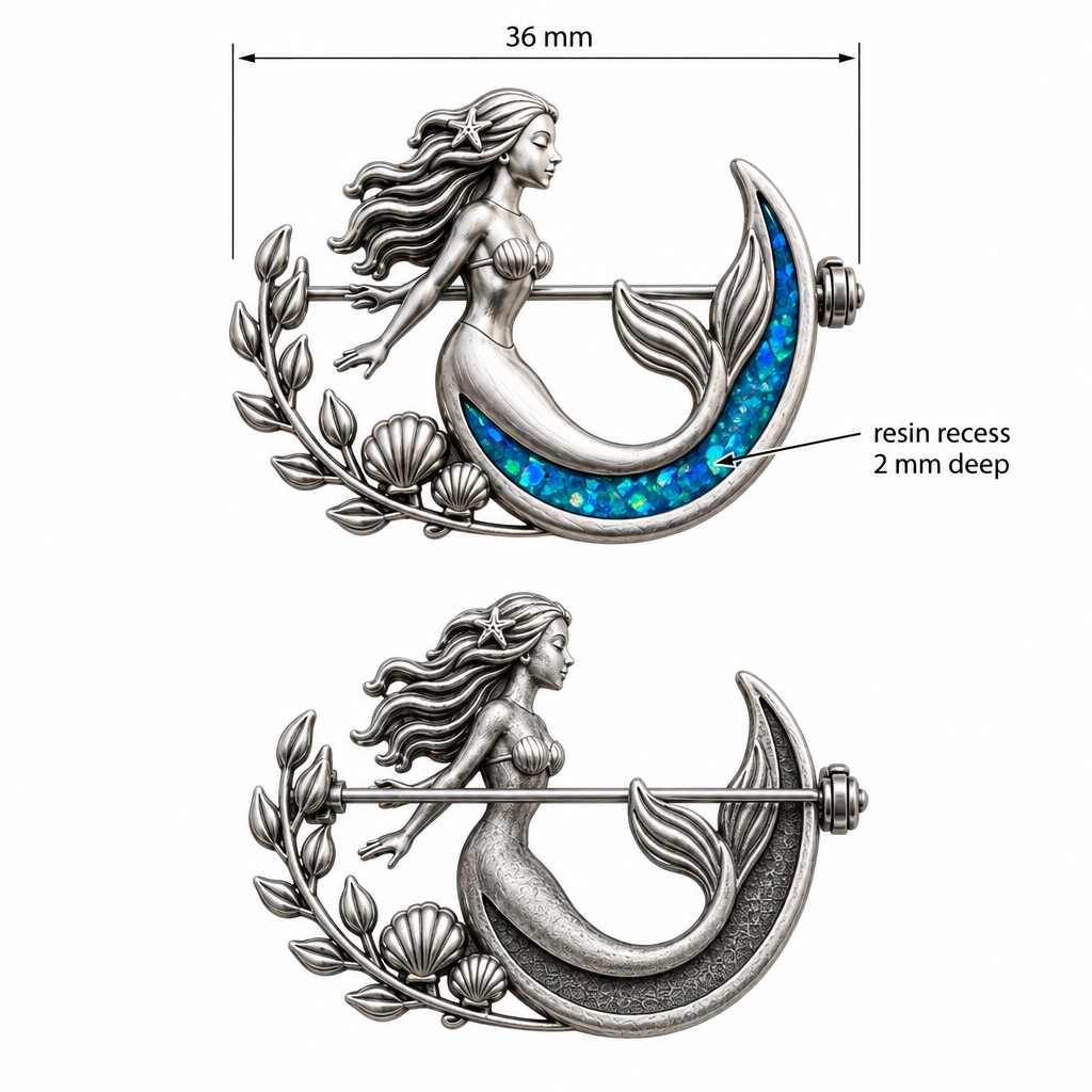 Dimensions guide for the mermaid memorial brooch