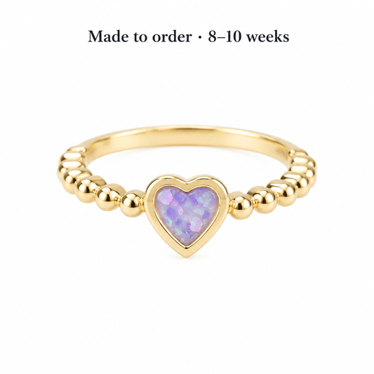 Corrected illustrative gold Heart Bobble ring with lavender opal, upright heart and smooth rear band