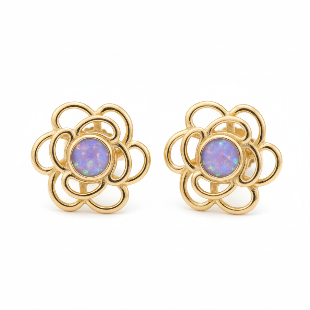 Gold open rose flower stud earrings with lavender opal memorial resin